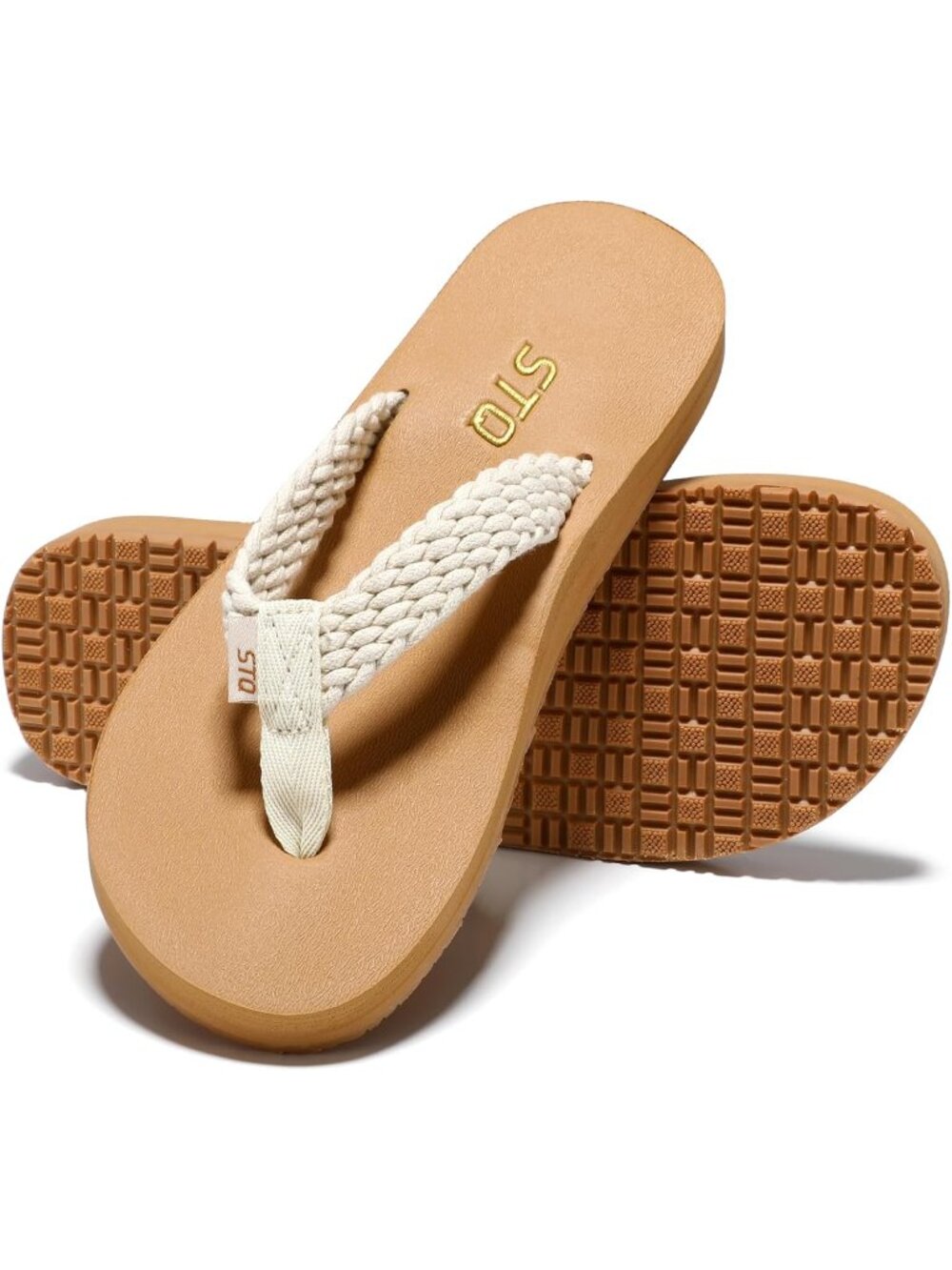 Women's White Khaki Quick Dry Flip Flops with Yoga Mat Sole Arch Support Sandals